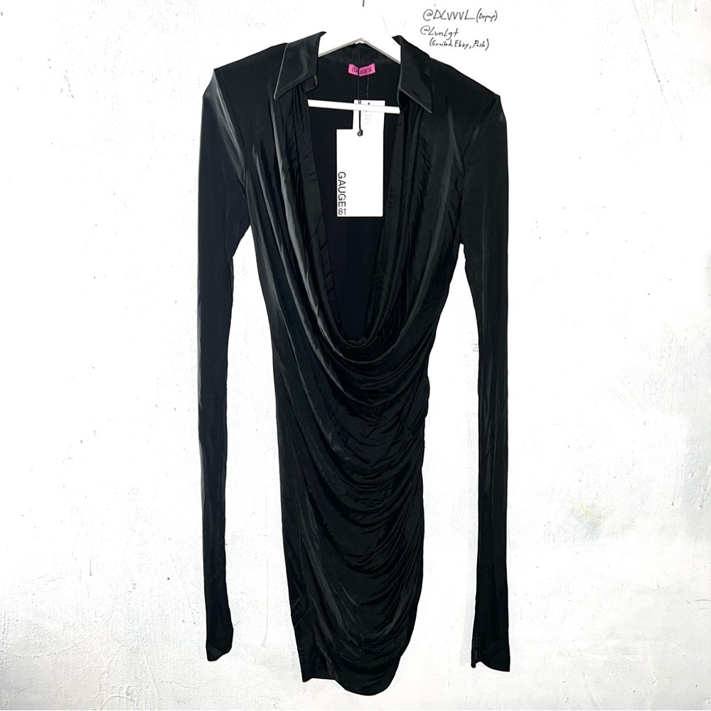 Gauge 81 UTENA Padded Shoulder Ruched BLACK Longsleeve Mini Dress SIZE XS